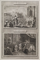 KG 12128
<br/>
Illustraties uit de Bijbel van Martin, Nehemia VIII.1 & Esther V.1. Esdras laat de wet voorlezen & Esther voor koning Ahasueros.
<br/>
<em>Huyberts, Cornelis (1670-1712 ca.)</em>